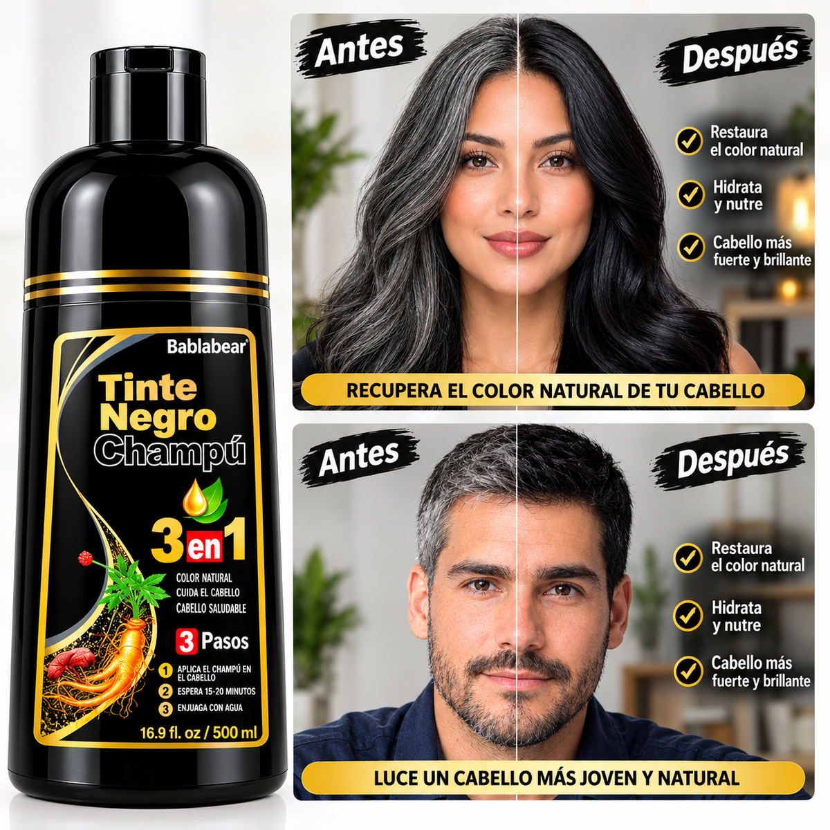 TINTE NEGRO CHAMPÚ 3 EN 1 – 500 ML